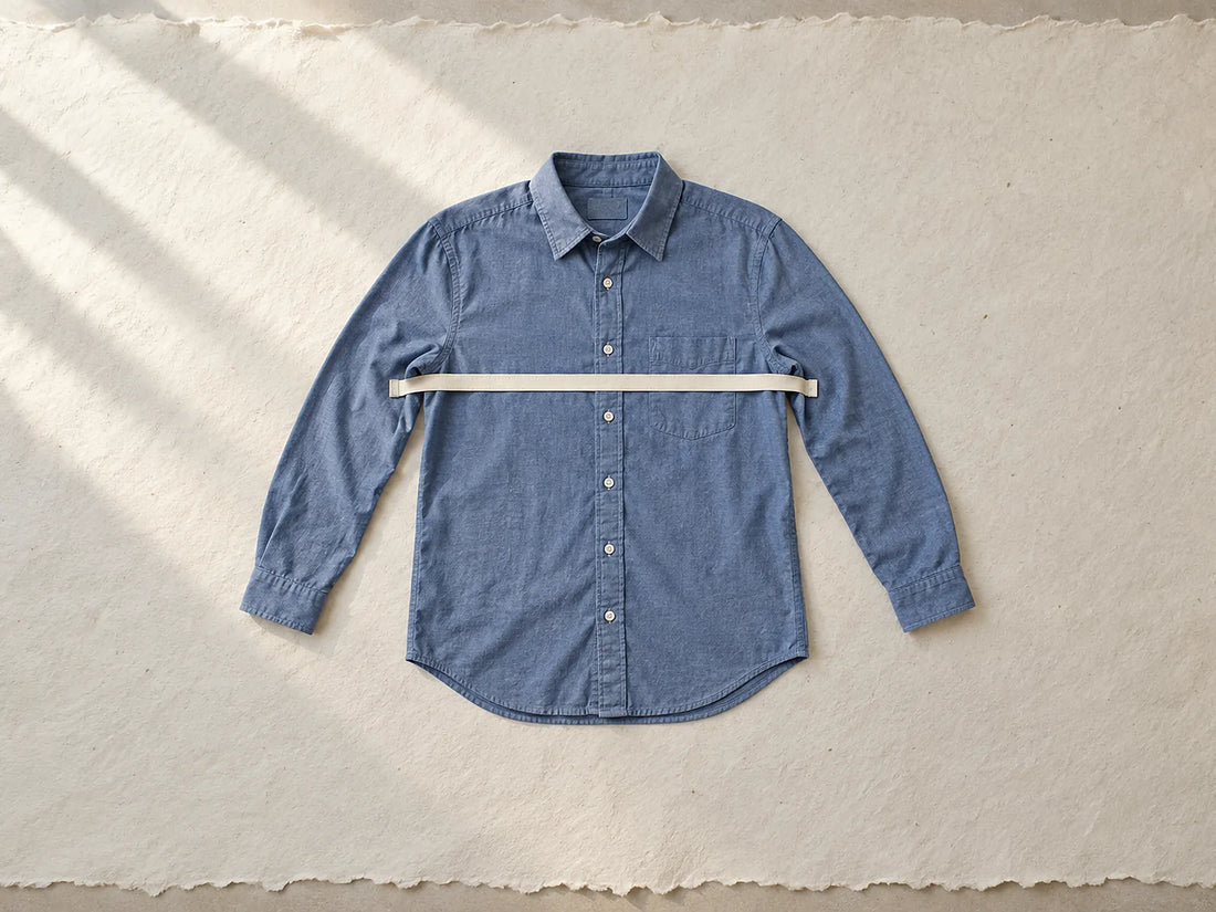 Natural window light illuminates one complete adult shirt laid flat with a completely blank tape across chest width between the underarm seams.