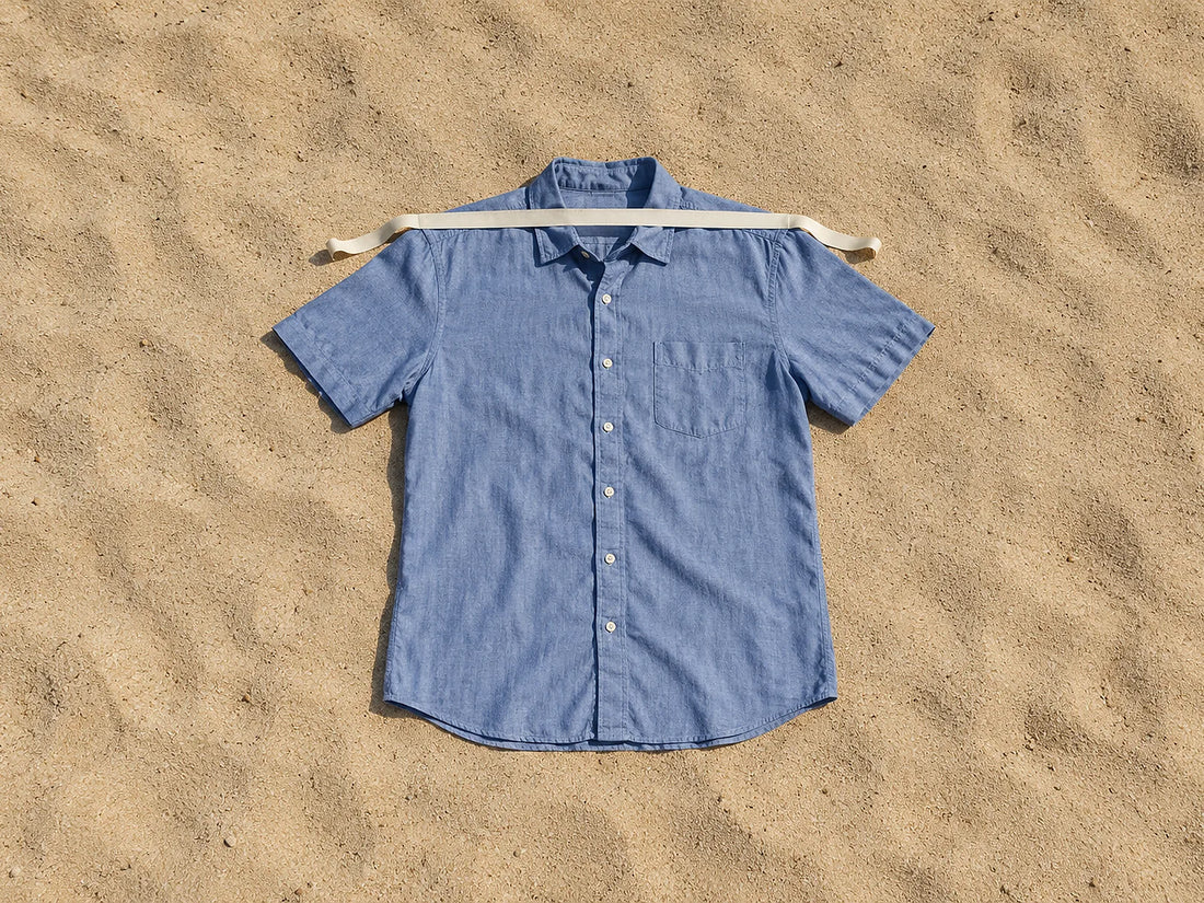 Natural window light illuminates one complete adult shirt laid flat with a completely blank tape across the shoulder seams.