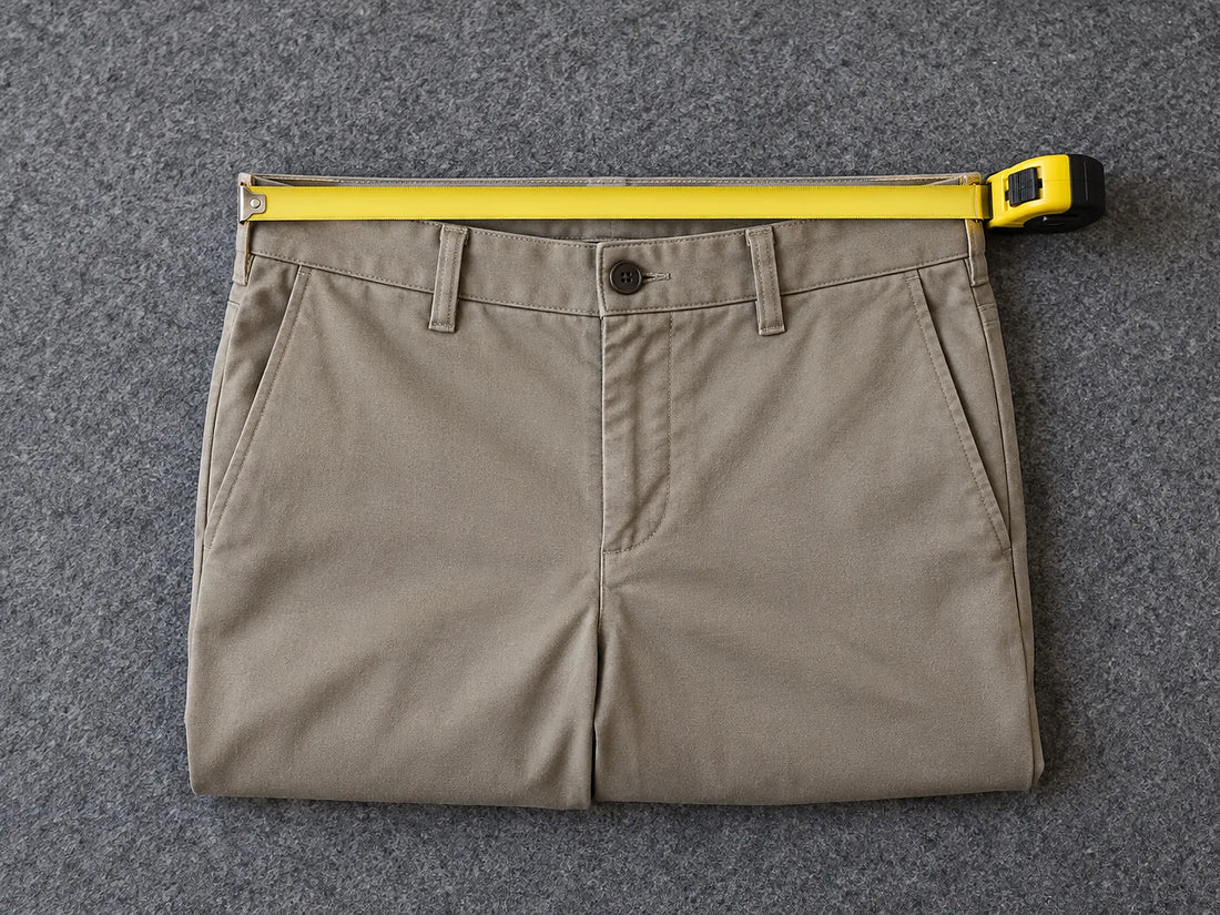 Natural window light illuminates one pair of plain trousers folded below the waist with a blank tape across the waistband.
