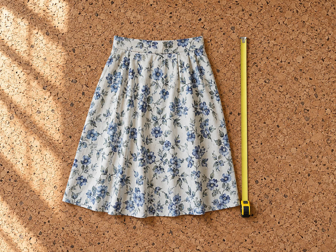 Natural window light illuminates one complete adult skirt laid flat with a completely blank tape running VERTICALLY beside it from the top waistband to the bottom hem, NOT across the waist.