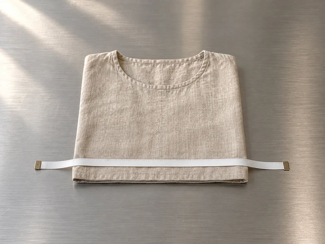 Natural window light illuminates one folded linen top with an unmarked tape across the hem width.