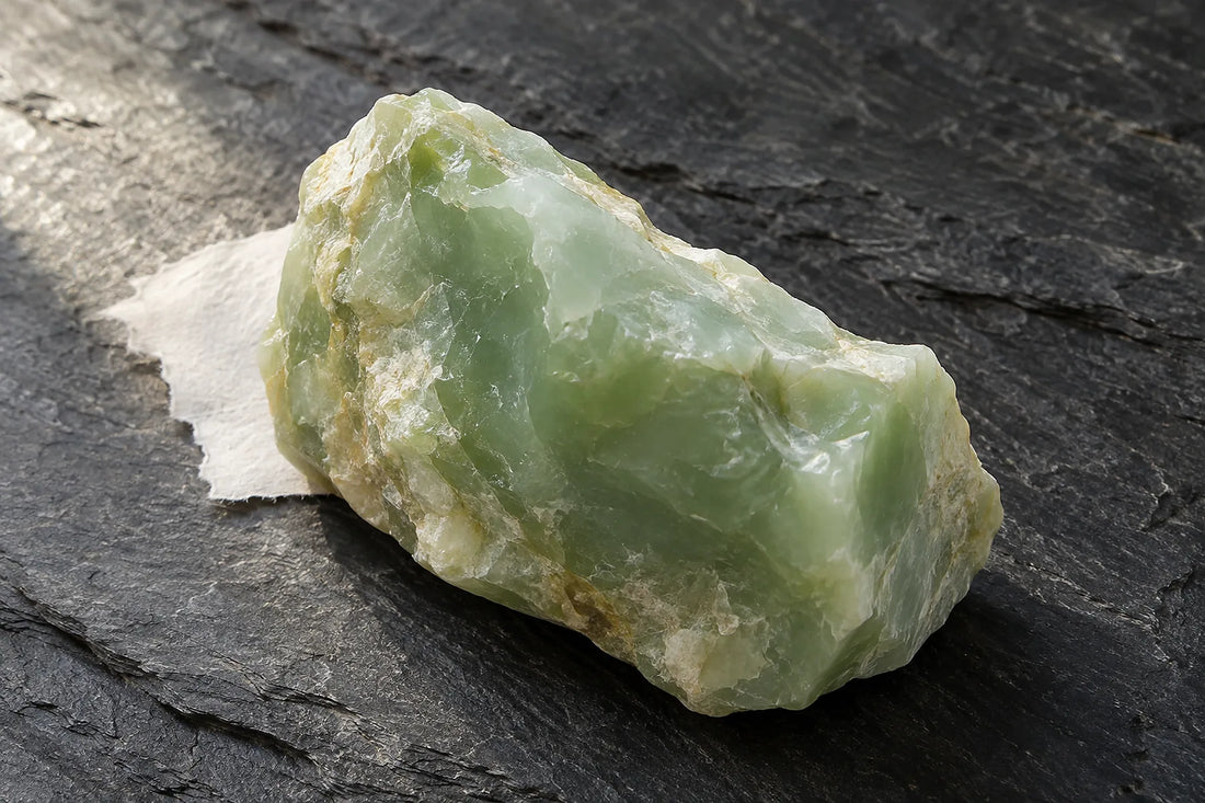 Natural window light illuminates one pale green rough jade fragment with waxy translucence.