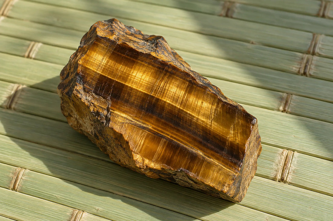 Natural window light illuminates one golden-brown tiger-eye fragment with silky parallel bands.