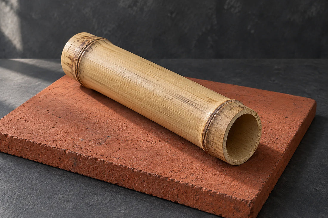 Natural window light illuminates one short split bamboo tube showing pale grain and a hollow end.