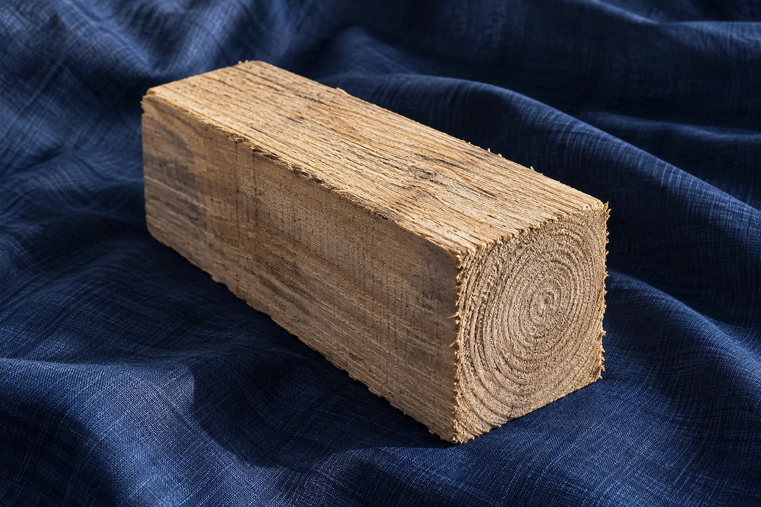 Natural window light illuminates one rough sawn wood block with visible end grain.