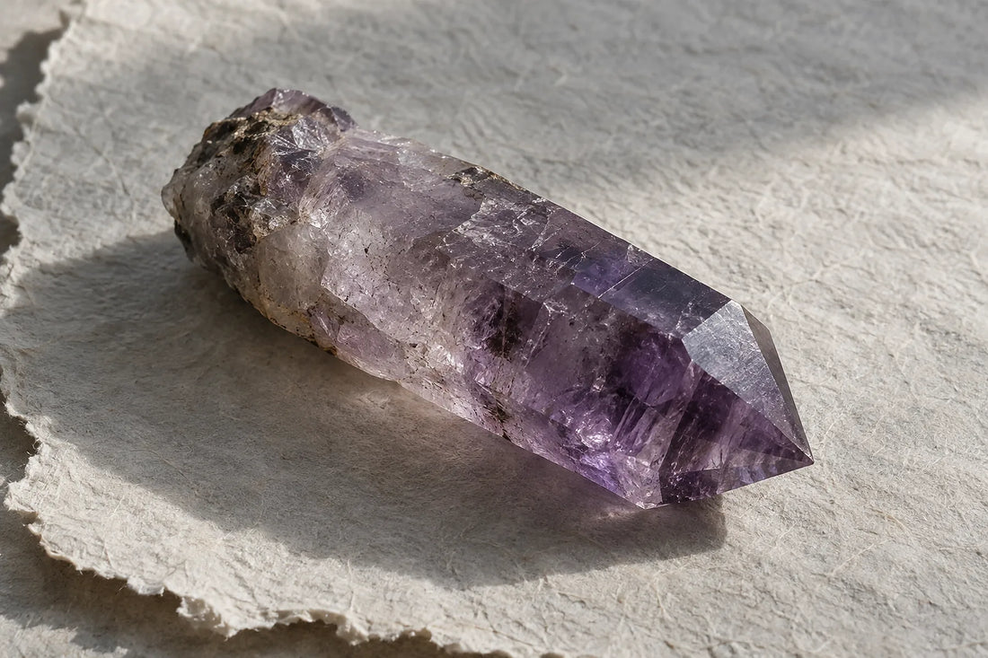 Natural window light illuminates one purple amethyst crystal point with natural termination.