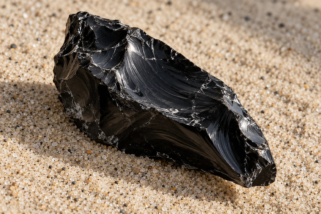 Natural window light illuminates one glassy black obsidian shard with curved fracture planes.
