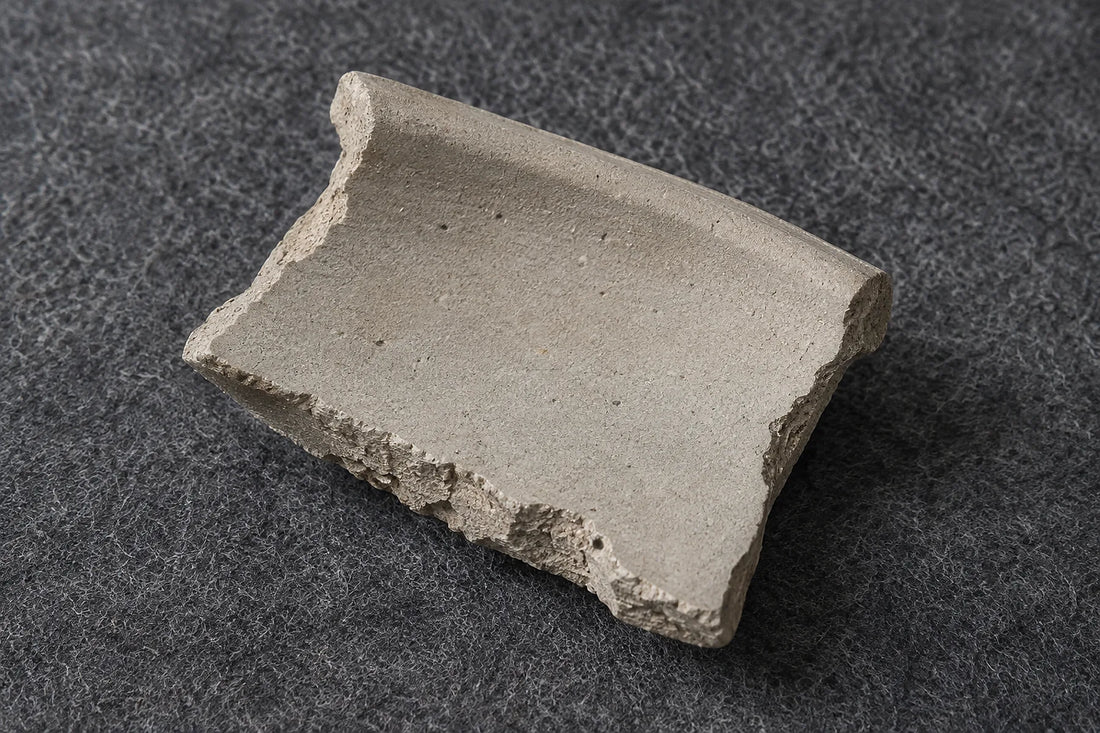 Natural window light illuminates one unglazed pale ceramic clay fragment with rough broken edges.