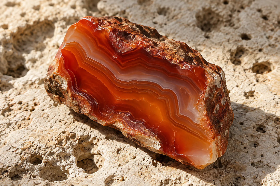 Natural window light illuminates one red-orange agate fragment with natural layered banding.