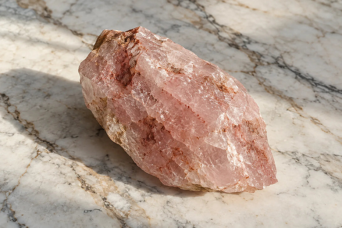 Natural window light illuminates one pale pink quartz fragment with fine reddish inclusions.