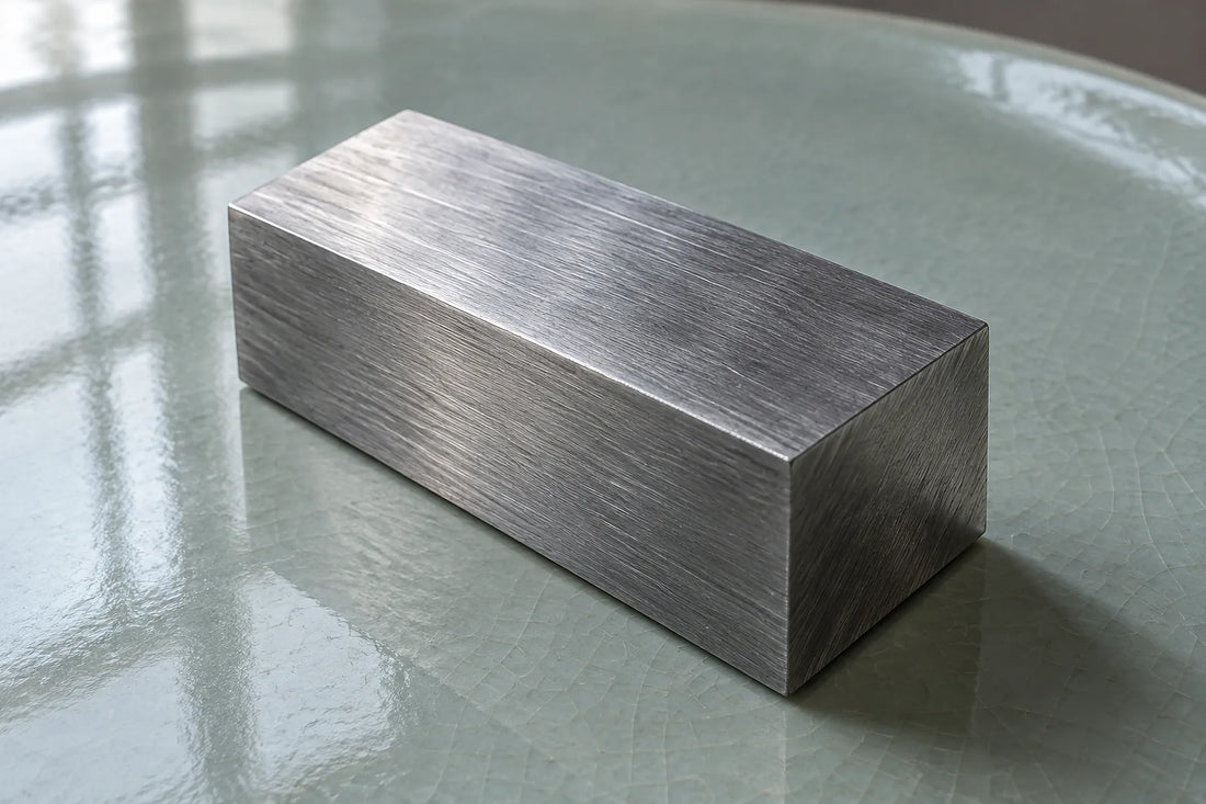 Natural window light illuminates one unmarked steel alloy billet with cool gray brushed grain.