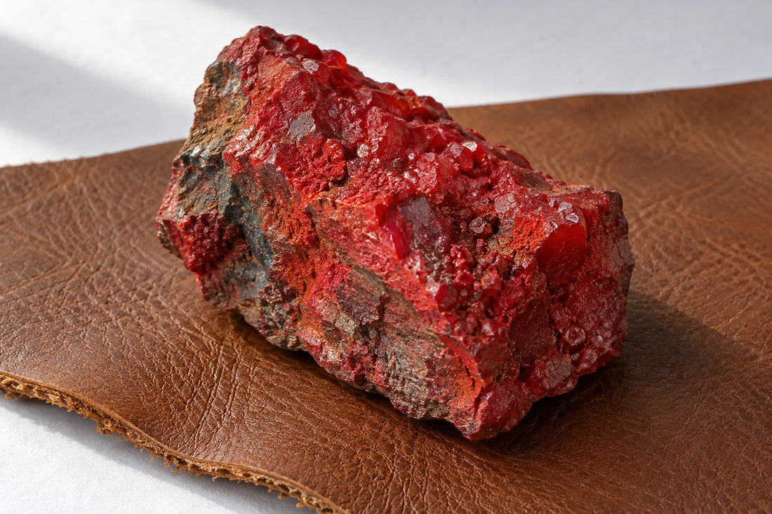 Natural window light illuminates one vermilion cinnabar mineral fragment with granular uneven texture.