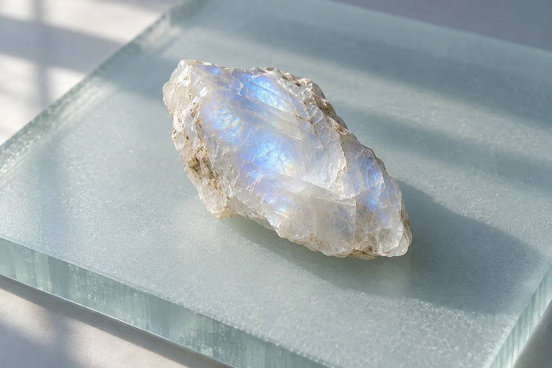 Natural window light illuminates one milky moonstone fragment with a subtle blue sheen.
