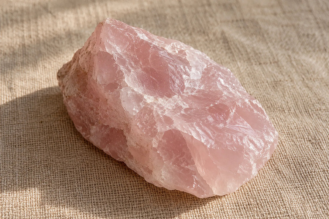 Natural window light illuminates one freshly fractured pink rose-quartz chunk with glassy break planes.