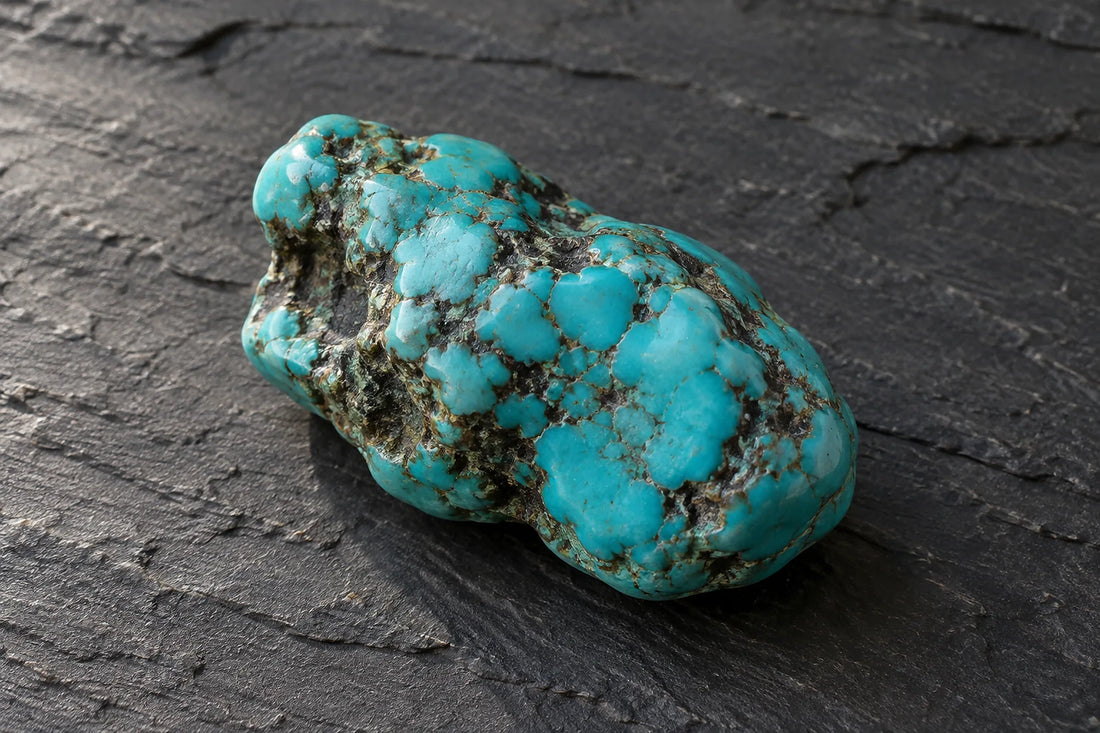 Natural window light illuminates one blue-green turquoise nugget with a dark natural matrix.