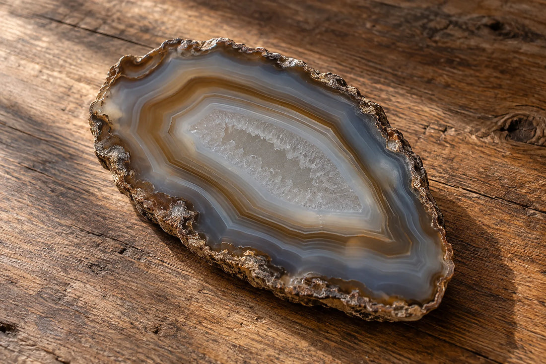 Natural window light illuminates one naturally layered neutral agate slice with an irregular rough rim.