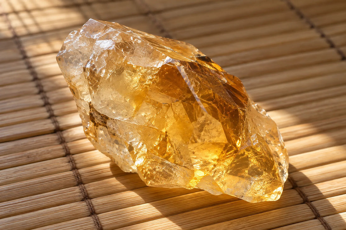 Natural window light illuminates one transparent honey-yellow citrine fragment with angular fractures.