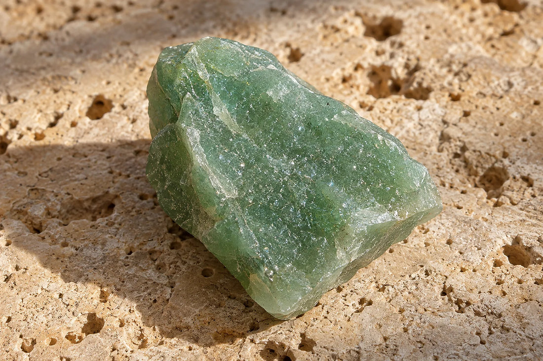 Natural window light illuminates one soft green aventurine fragment with subtle mineral sparkle.