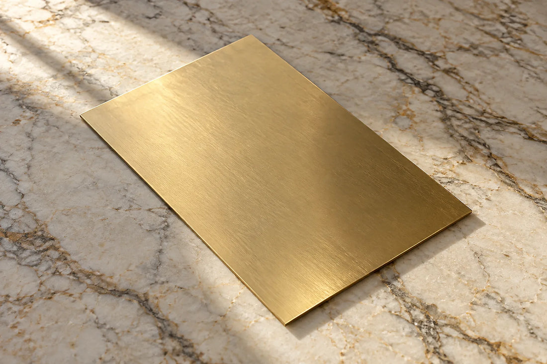 Natural window light illuminates one raw gold-toned plated-metal sheet sample without holes or inscriptions.