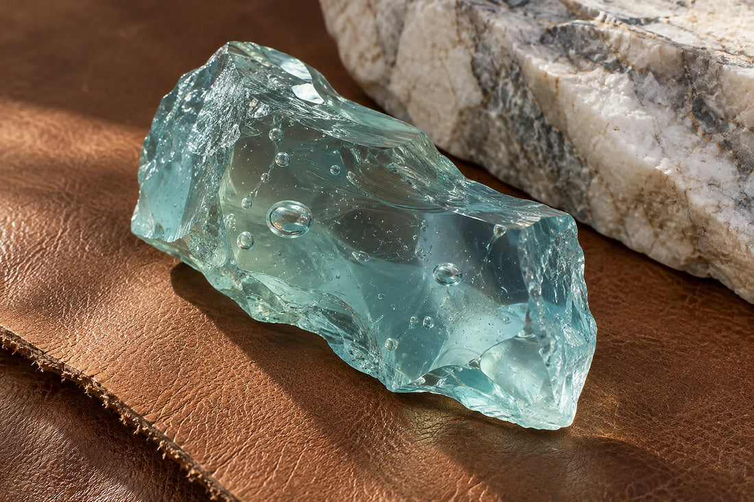 Natural window light illuminates one translucent pale blue-green liuli-glass fragment with visible bubbles.