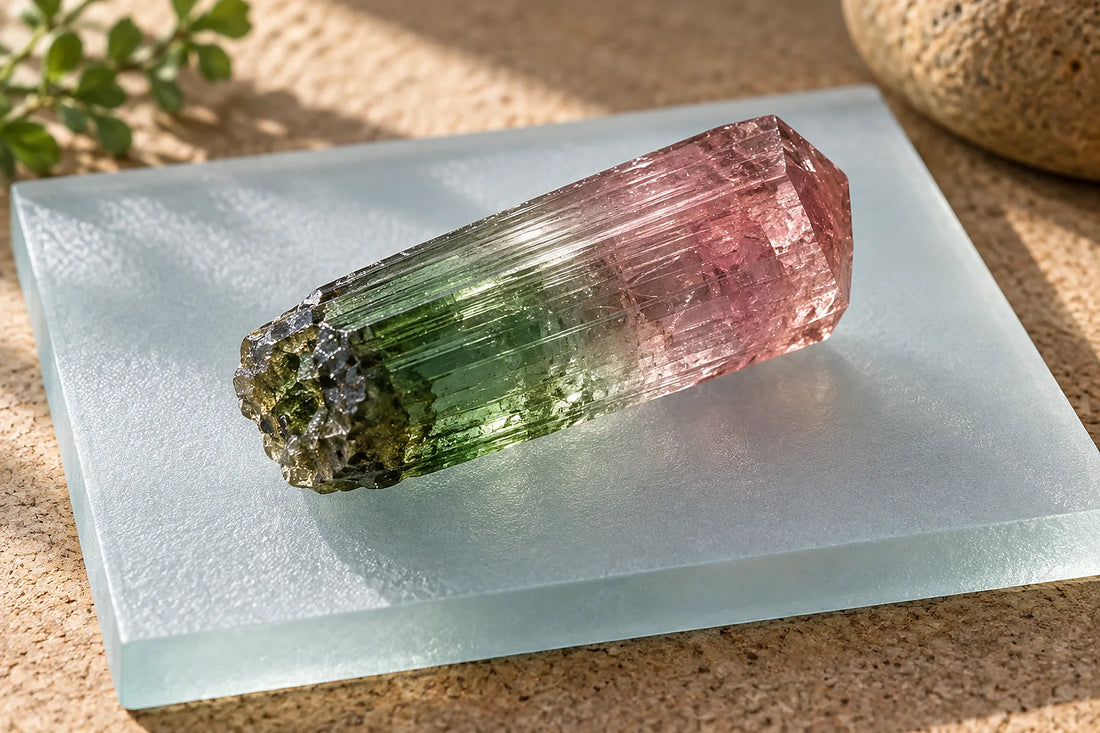 Natural window light illuminates one naturally striated tourmaline crystal fragment.