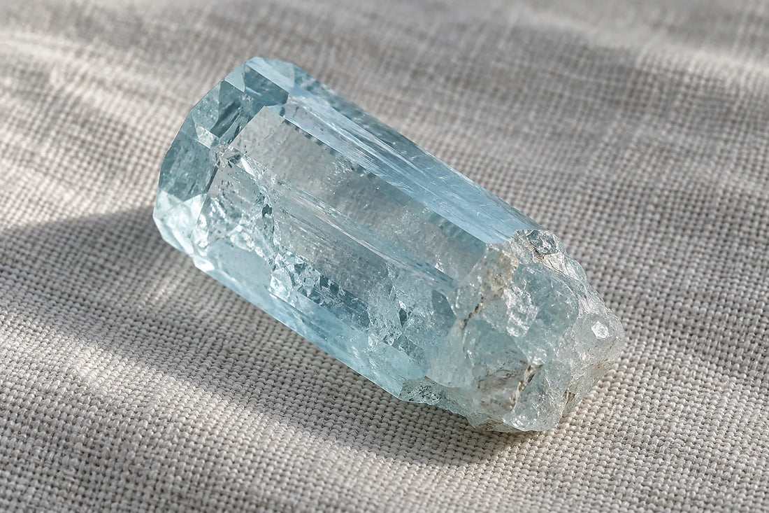 Natural window light illuminates one pale blue aquamarine crystal fragment with clear angular edges.