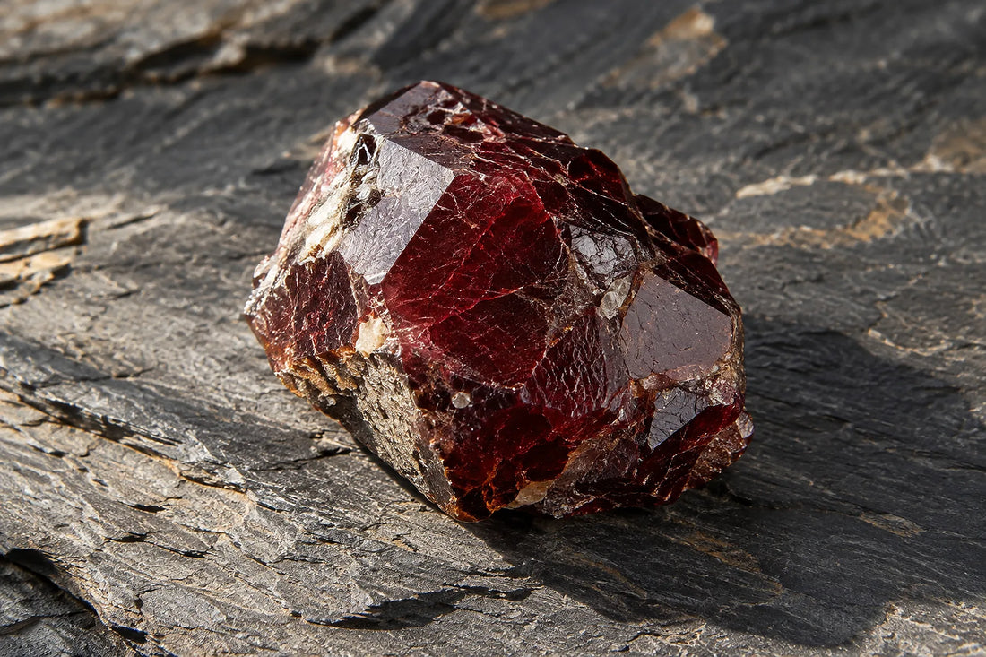 Natural window light illuminates one deep wine-red garnet mineral fragment with natural facets.