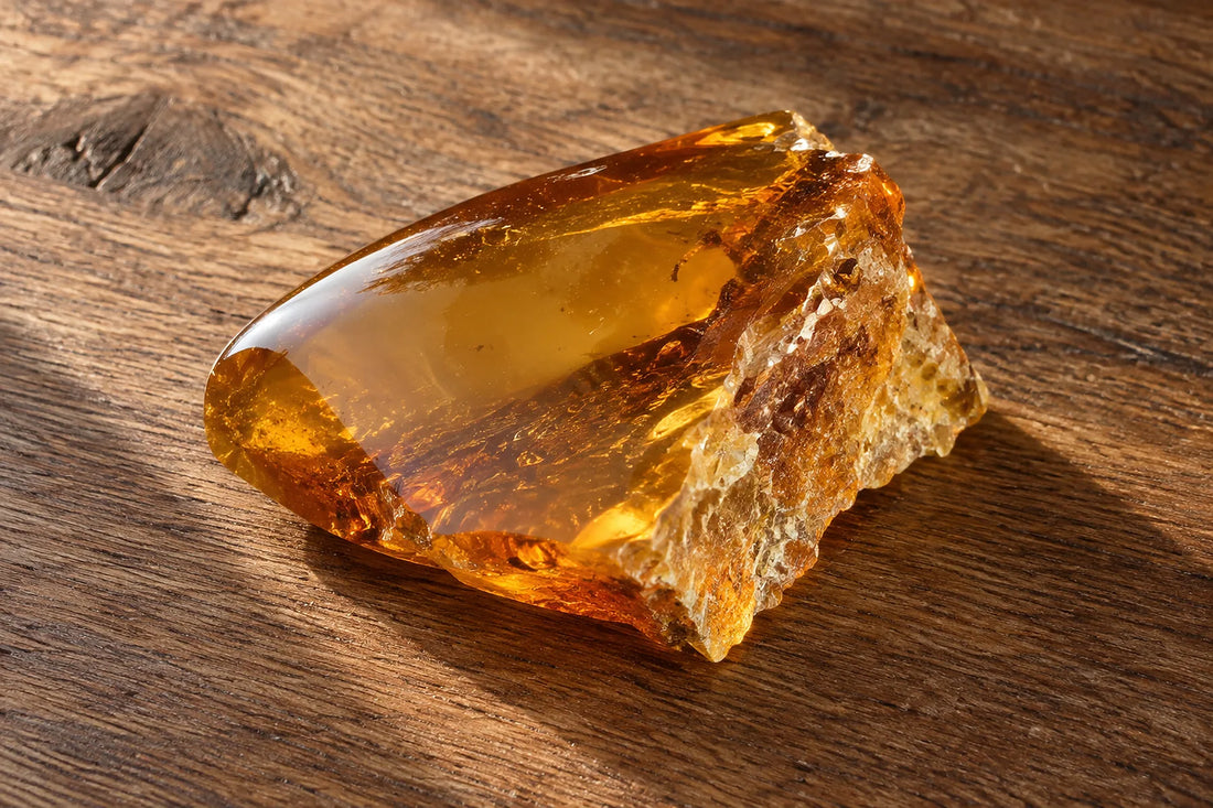 Natural window light illuminates one warm amber-colored resin sample with a smooth cast face and rough broken edge.