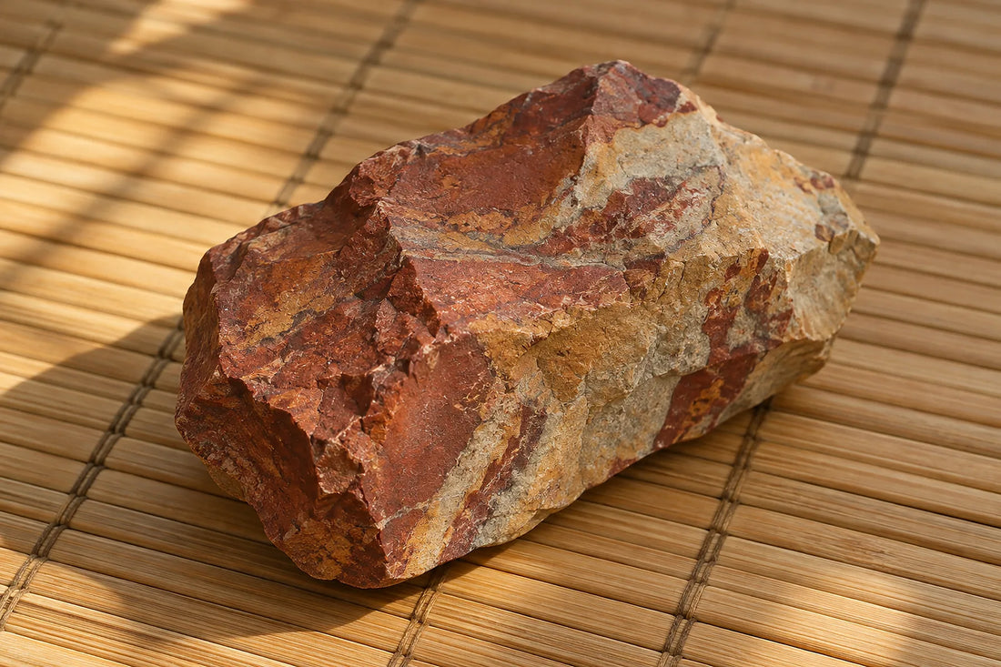 Natural window light illuminates one warm earth-toned jasper fragment with natural mottled bands.