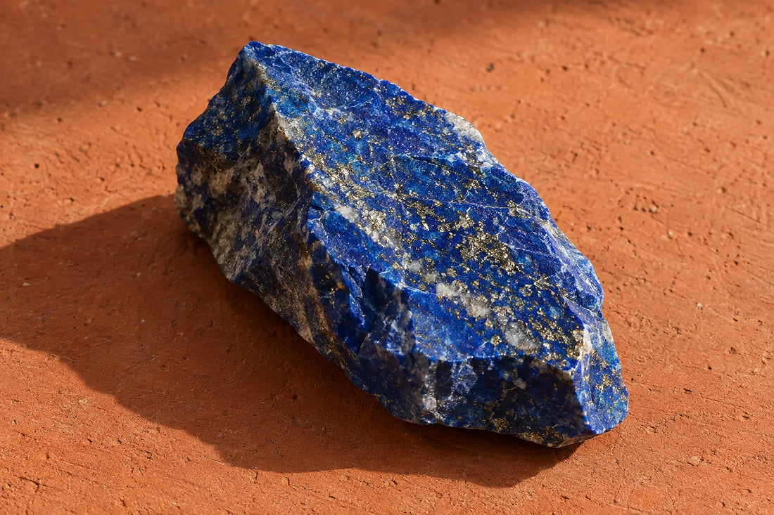 Natural window light illuminates one deep blue lapis-lazuli fragment with tiny gold-colored mineral flecks.
