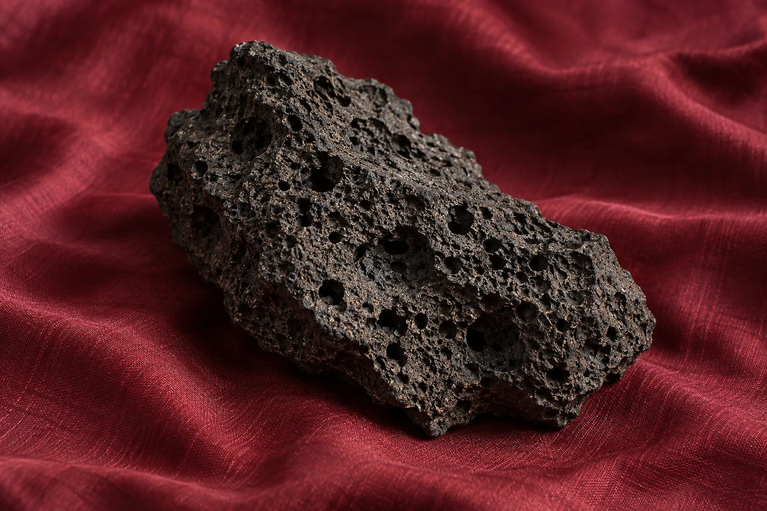 Natural window light illuminates one charcoal lava-rock fragment with coarse visible pores.