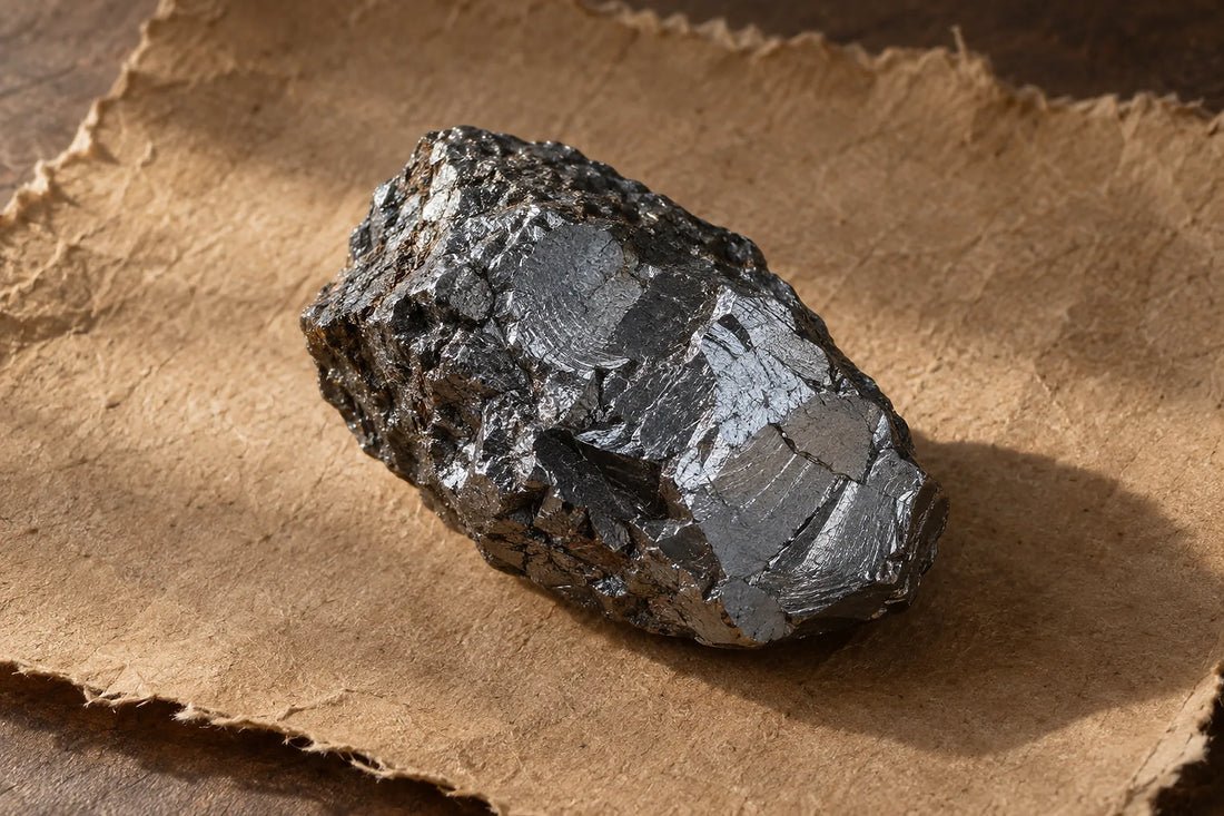 Natural window light illuminates one dark steel-gray hematite fragment with a subtle metallic sheen.
