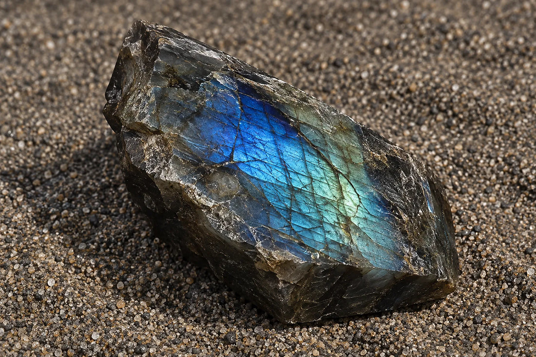 Natural window light illuminates one dark labradorite fragment showing a real blue-green flash.