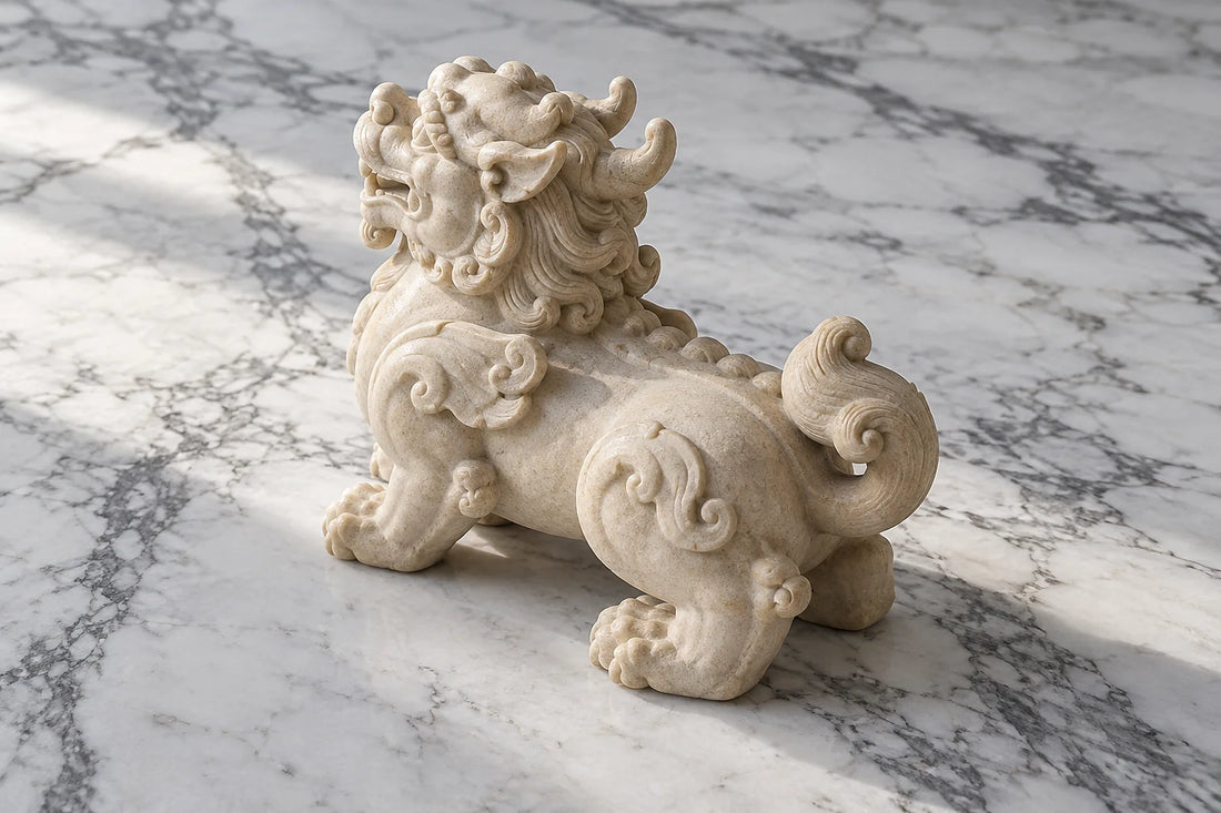 Natural window light illuminates one compact pale stone Pixiu sculpture with all ears, paws and tail visible.