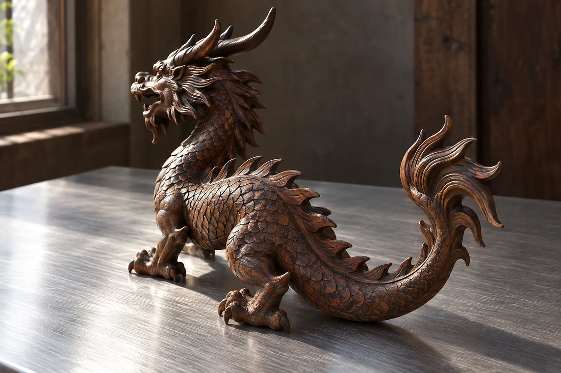 Natural window light illuminates one compact carved wooden dragon sculpture with complete horns and tail.