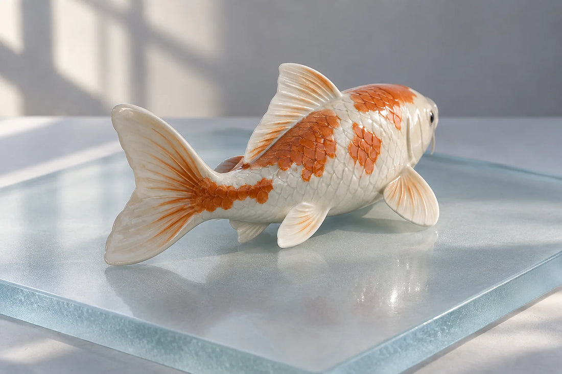 Natural window light illuminates one small ceramic koi fish sculpture with complete fins and tail.