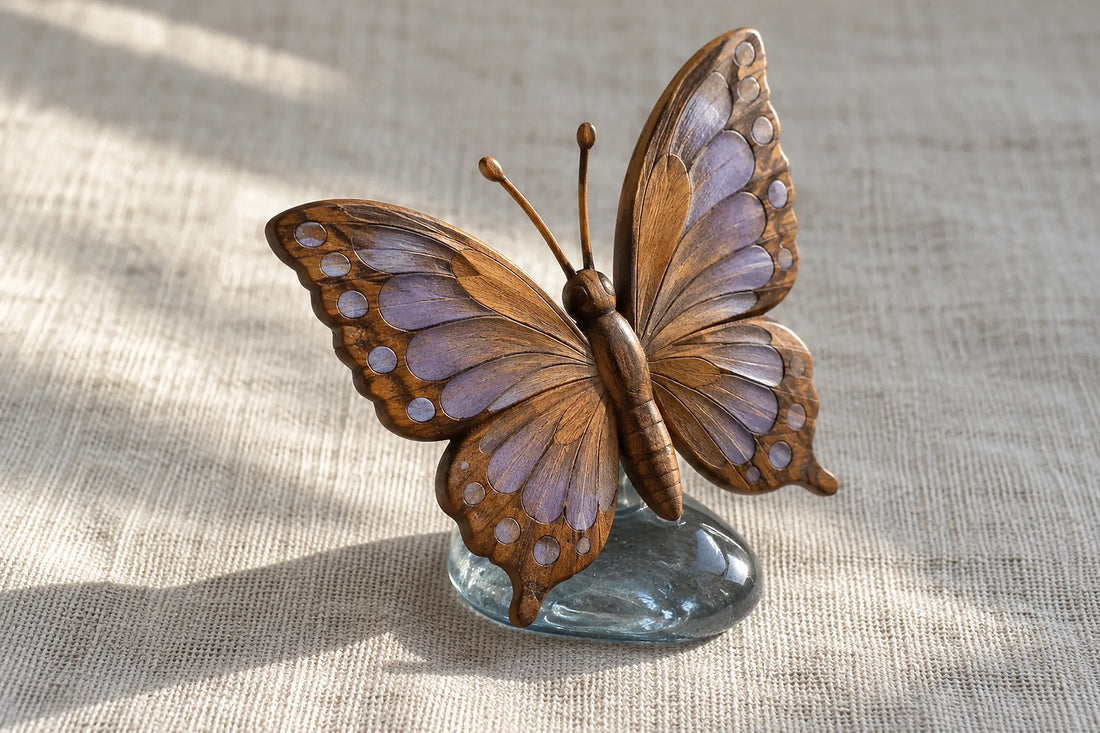 Natural window light illuminates one small carved wooden butterfly sculpture with complete wing tips.