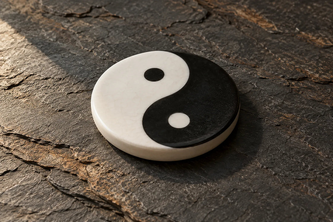 Natural window light illuminates one uninscribed ceramic yin-yang disc showing only the pictorial black-and-white motif.