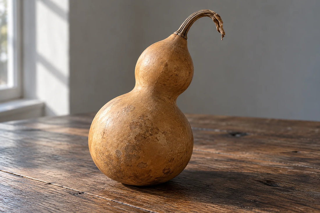 Natural window light illuminates one natural dry gourd with a complete stem.