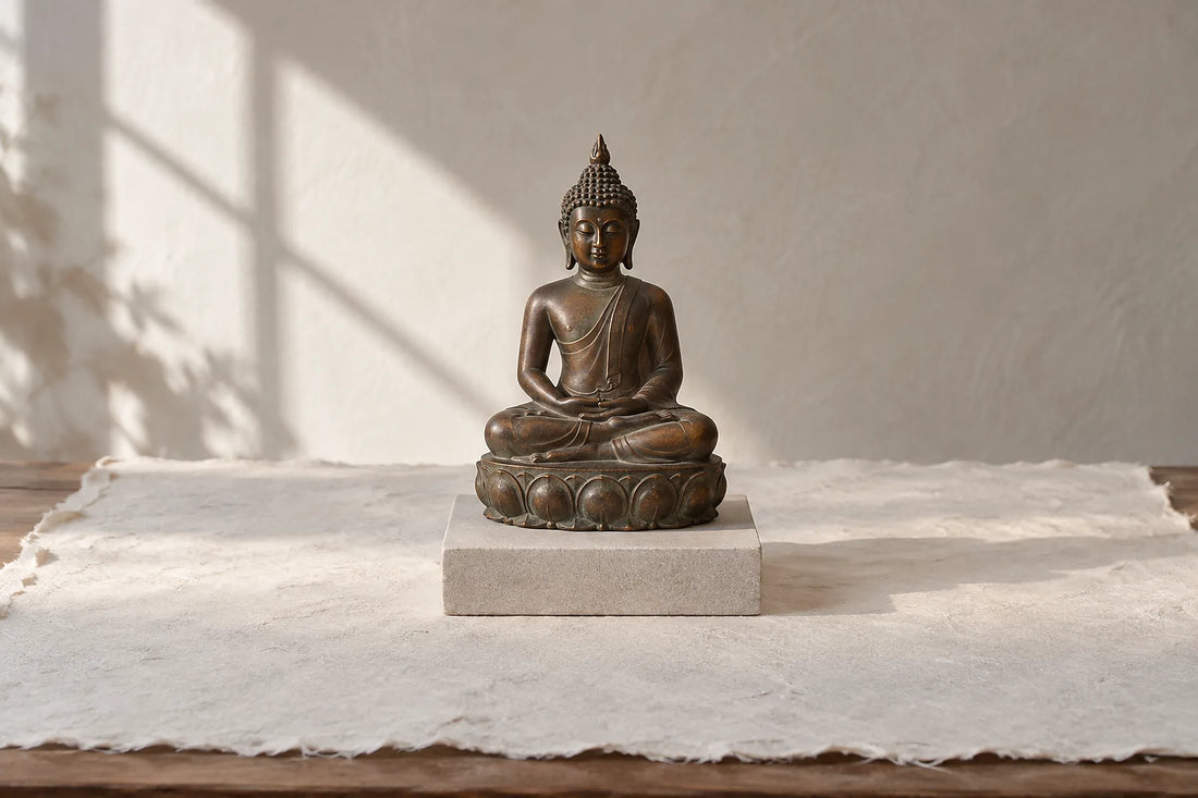 Natural window light illuminates one COMPLETE small seated bronze Buddha sculpture on a RAISED CLEAN tabletop display plinth, full head, body and lotus base visible, not on the floor.