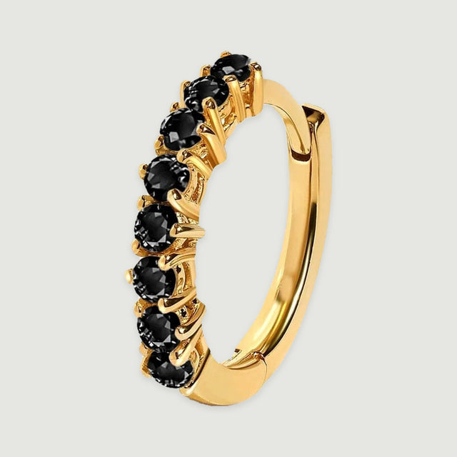 One yellow gold plated hoop is shown upright with its curved band and hinged clasp visible.