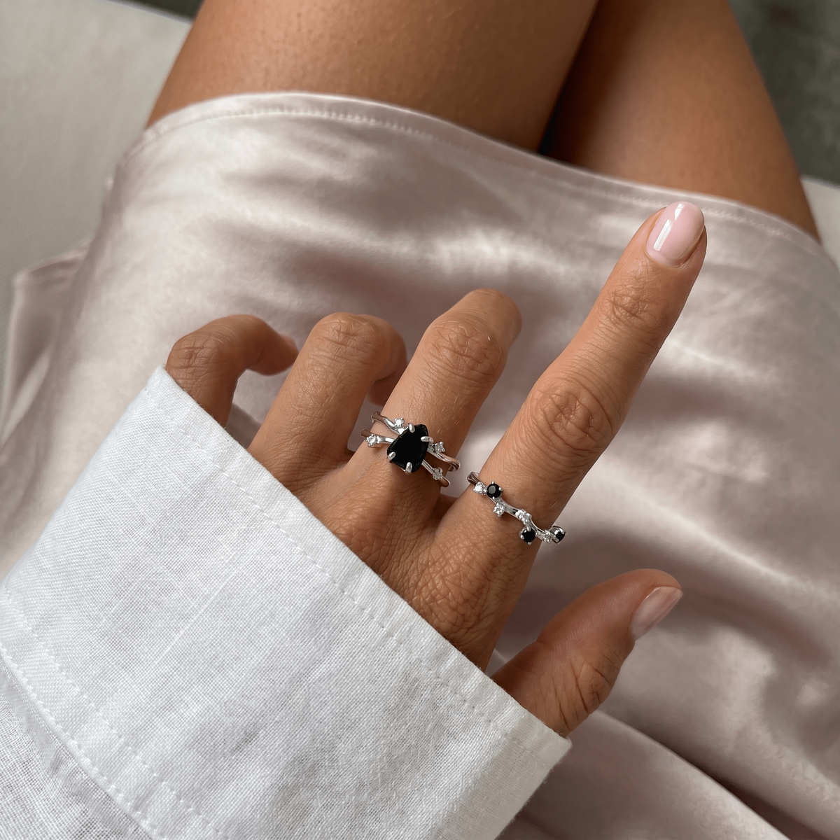 Night Current Obsidian & Onyx Ring Set of 2 — Strength — Modern Energy Lab product view