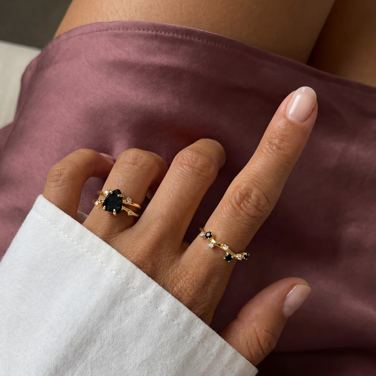 Night Current Obsidian & Onyx Ring Set of 2 — Strength — Modern Energy Lab product view