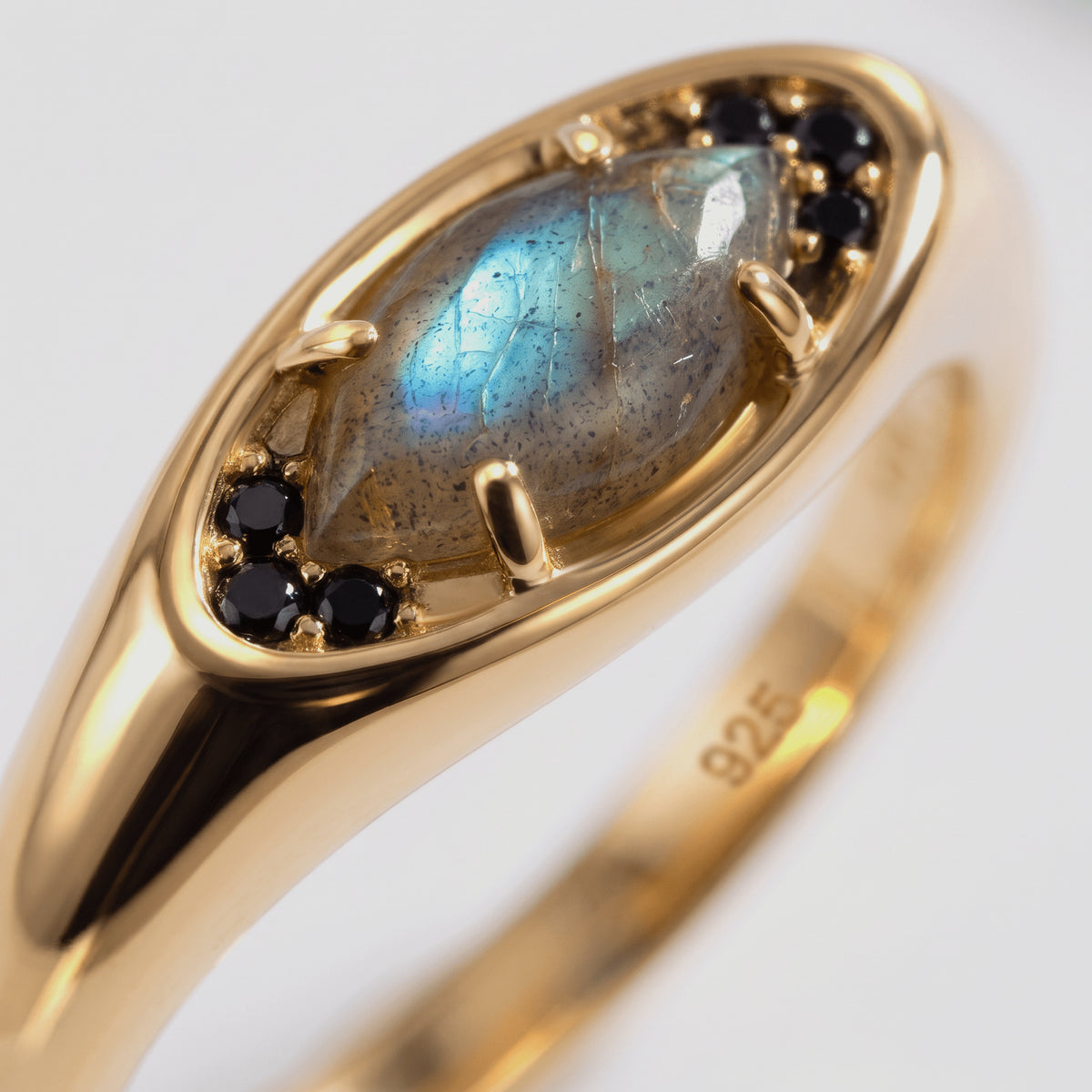 Gold-toned prongs frame a blue-gray faceted stone beside clusters of small dark accents.