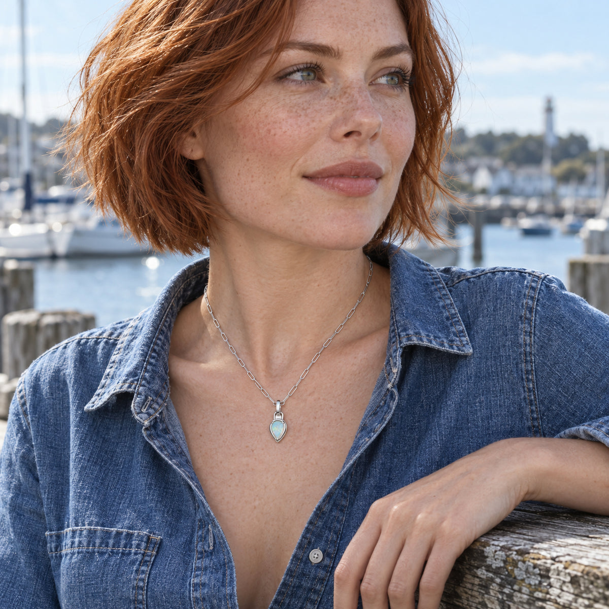 A red-haired woman in a denim shirt wears the silver-tone opal necklace beside a harbor railing.