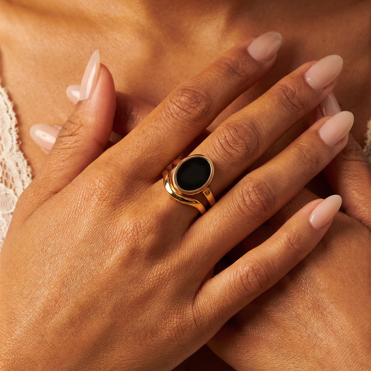 Black Onyx & Waves Ring Set of 2 — Willpower — Modern Energy Lab product view