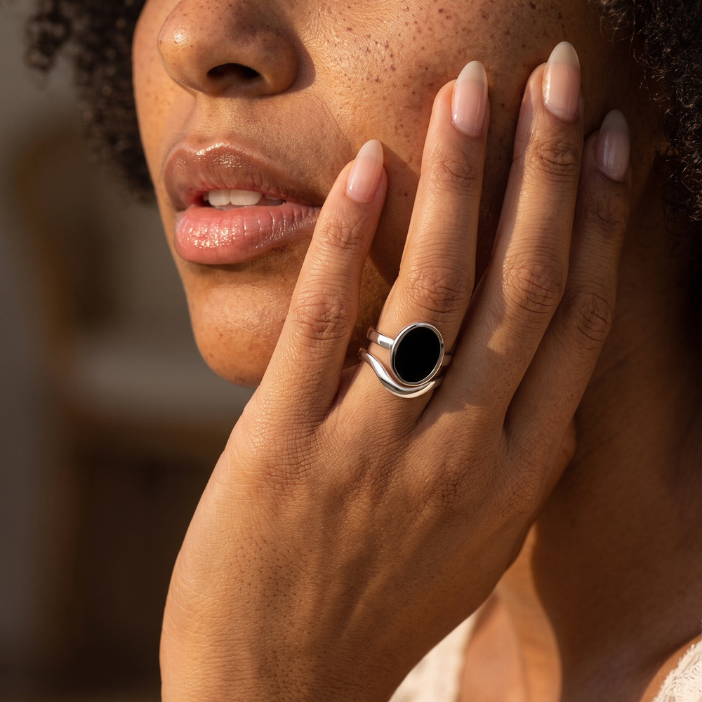 Black Onyx & Waves Ring Set of 2 — Willpower — Modern Energy Lab product view