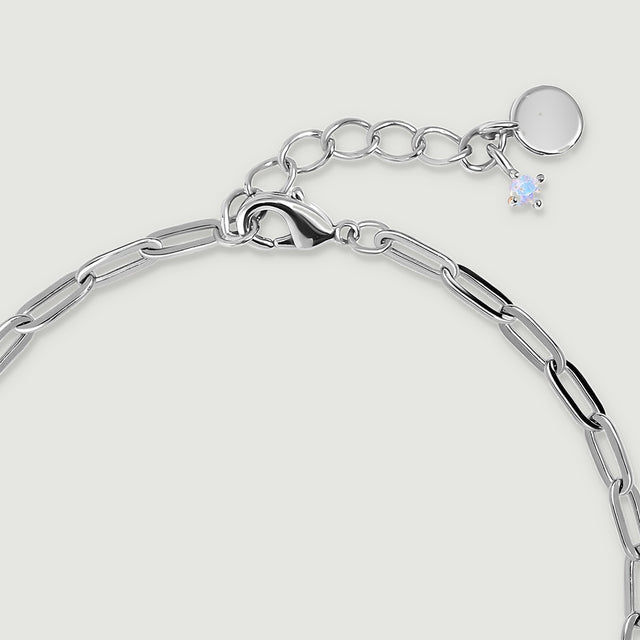 A white rhodium plated lobster clasp sits beside round extension links, a plain round tag, and a small pale charm.