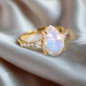 A yellow gold moonstone ring rests on folded pale gray fabric with the pear-shaped stone facing forward.