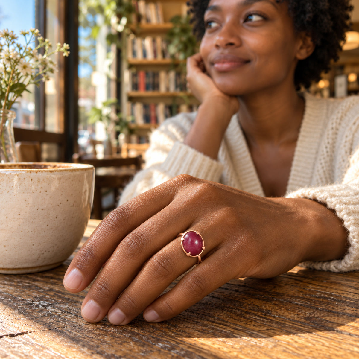 A woman with short curly hair wears the oval pink cabochon ring beside a ceramic cup at a wooden cafe table.